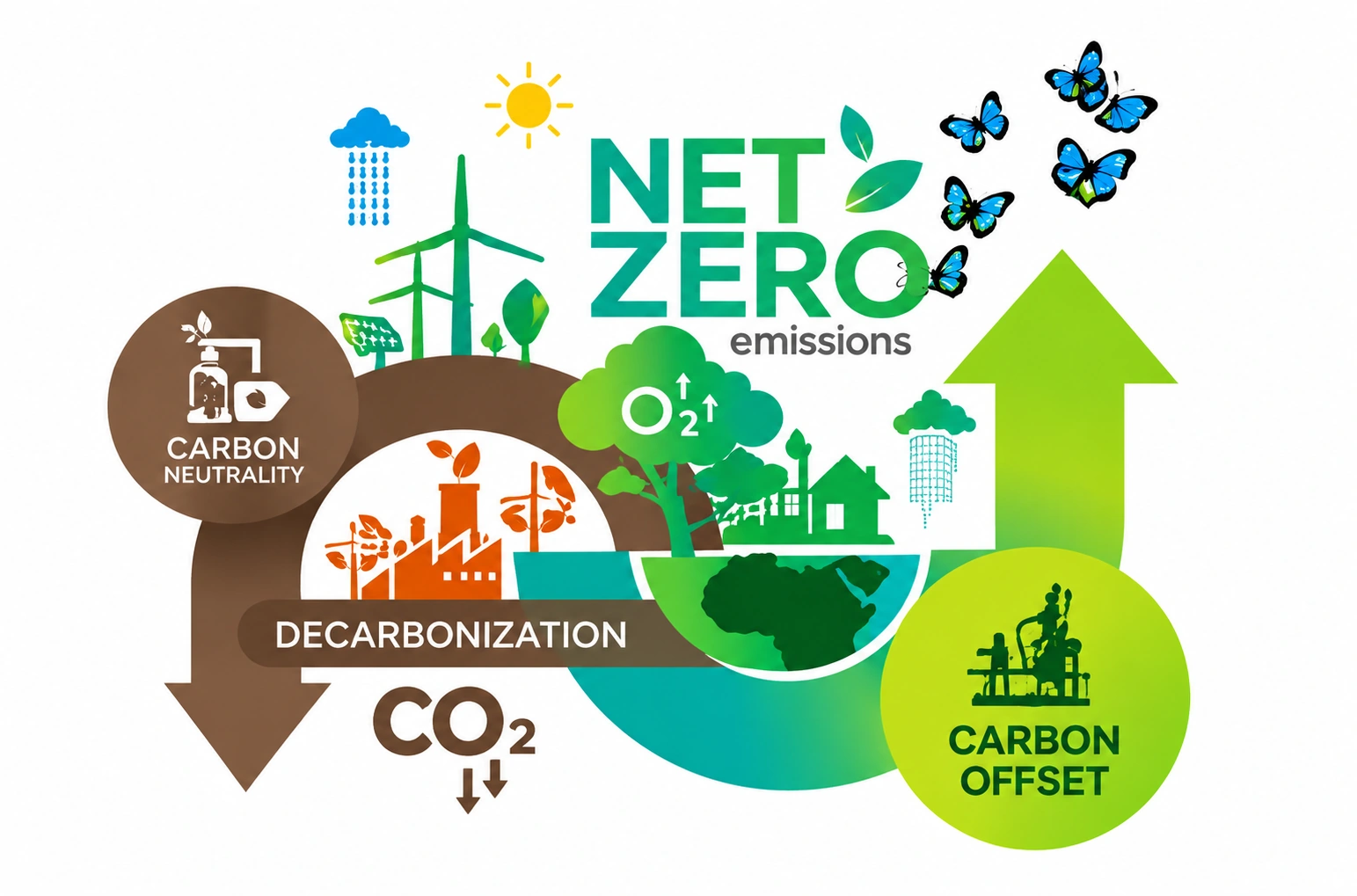 Net zero emissions, decarbonisation and carbon offset sustainability infographic